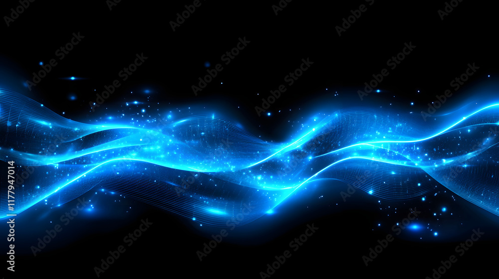 Poster abstract background featuring glowing blue waves, shimmering particles, and a serene atmosphere, ill
