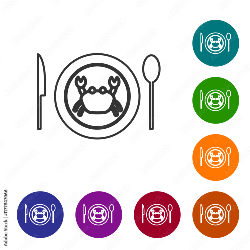 Poster black line served crab on a plate icon isolated on white background. set icons in color circle butto