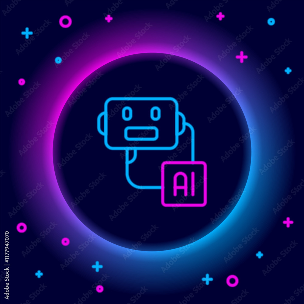 Fototapete Glowing neon line Artificial intelligence robot icon isolated on black background. Machine learning, cloud computing. Colorful outline concept. Vector
