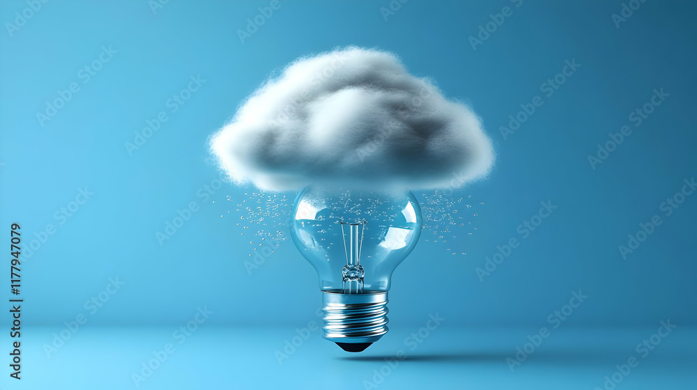 Poster cloud computing innovation; lightbulb rain; blue background; digital idea; tech concept