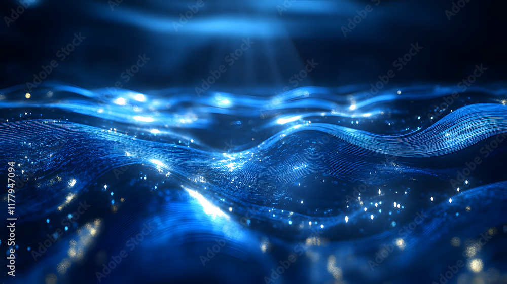 Poster glowing abstract background featuring shimmering waves and reflections in a deep blue hue, evoking a