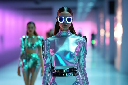 Models strut in sleek metallic outfits and glowing accessories, showcasing futuristic high fashion on the runway - Powered by Adobe