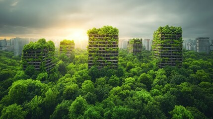 Fototapeta premium Modern skyscrapers covered in lush greenery stand amidst an urban forest at sunset