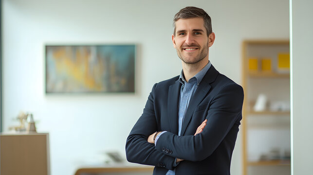 A confident young man in a suit stands with arms crossed, smiling warmly in a modern office setting, exuding professionalism and approachability