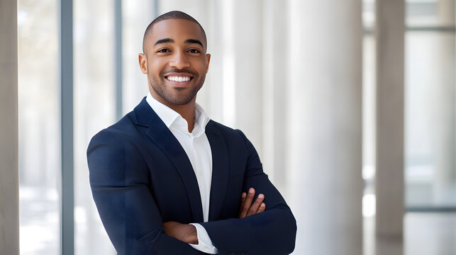 A confident young black man stands with arms crossed, smiling warmly in a modern, well-lit environment showcasing professionalism and approachability