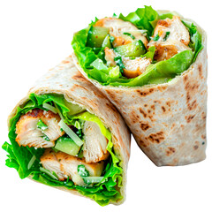 Shawarma with chicken fillet and lettuce leaves, isolated on a transparent background. PNG element.
