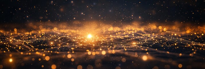 Naklejka premium Golden lights twinkle in a dark expanse, resembling a vast digital network of connections and energy