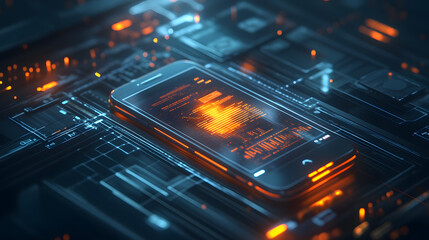 A futuristic smartphone lies on a circuit board, glowing with vibrant orange light, showcasing advanced technology in a digital landscape