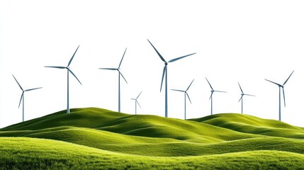 Wind turbines rotate gracefully over rolling green hills, highlighting renewable energy sources