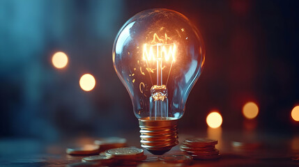Illuminated lightbulb atop coins; bokeh background; idea, innovation, finance concept; website, presentation