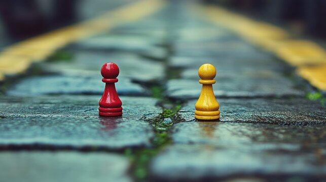 Red and yellow game pawns stand on a weathered cobblestone path with sunlight illuminating their colors