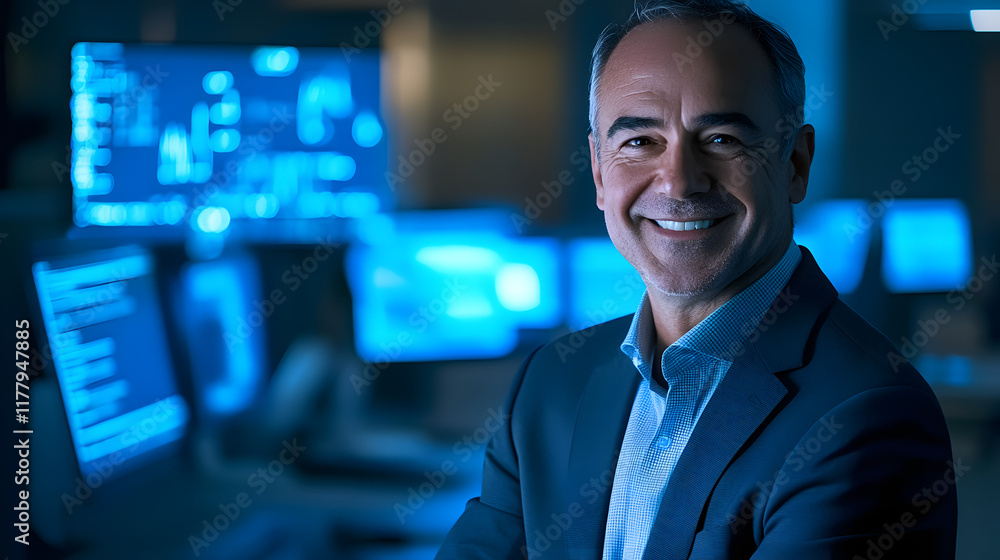 Poster a smiling middle-aged businessman with gray hair wears a suit in a modern office filled with compute