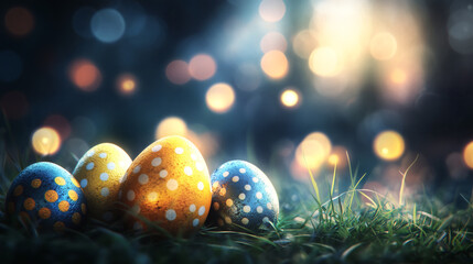 Colorful Easter eggs with polka dots on grass in magical evening bokeh light