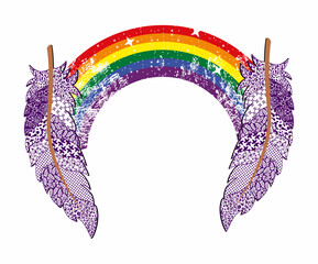 T-shirt design of two feathers joined by a rainbow. Gay pride. Ideal image for Valentine's Day.