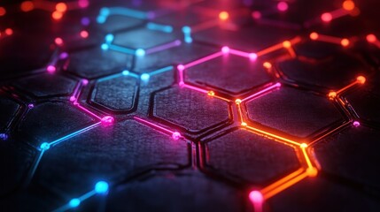 Obraz premium Brightly colored hexagons glow with neon lights, creating a vibrant and futuristic atmosphere at night