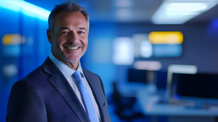 A smiling middle-aged Caucasian businessman stands confidently in a modern office environment with blue lighting and computer screens in the background