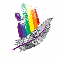 T-shirt design of a feather next to the colors of the rainbow. Gay pride.