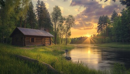 Obraz premium Tranquil log cabin by the river in spring, framed by lush forests under a vibrant sunset sky