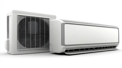 A sleek air conditioning unit sits beside its exterior component, designed for summer cooling