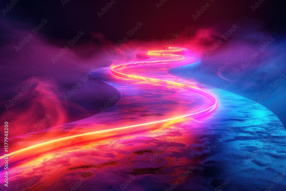 Poster abstract visualization of sound as a glowing ribbon of vibrant colors pulsating against an infinite 