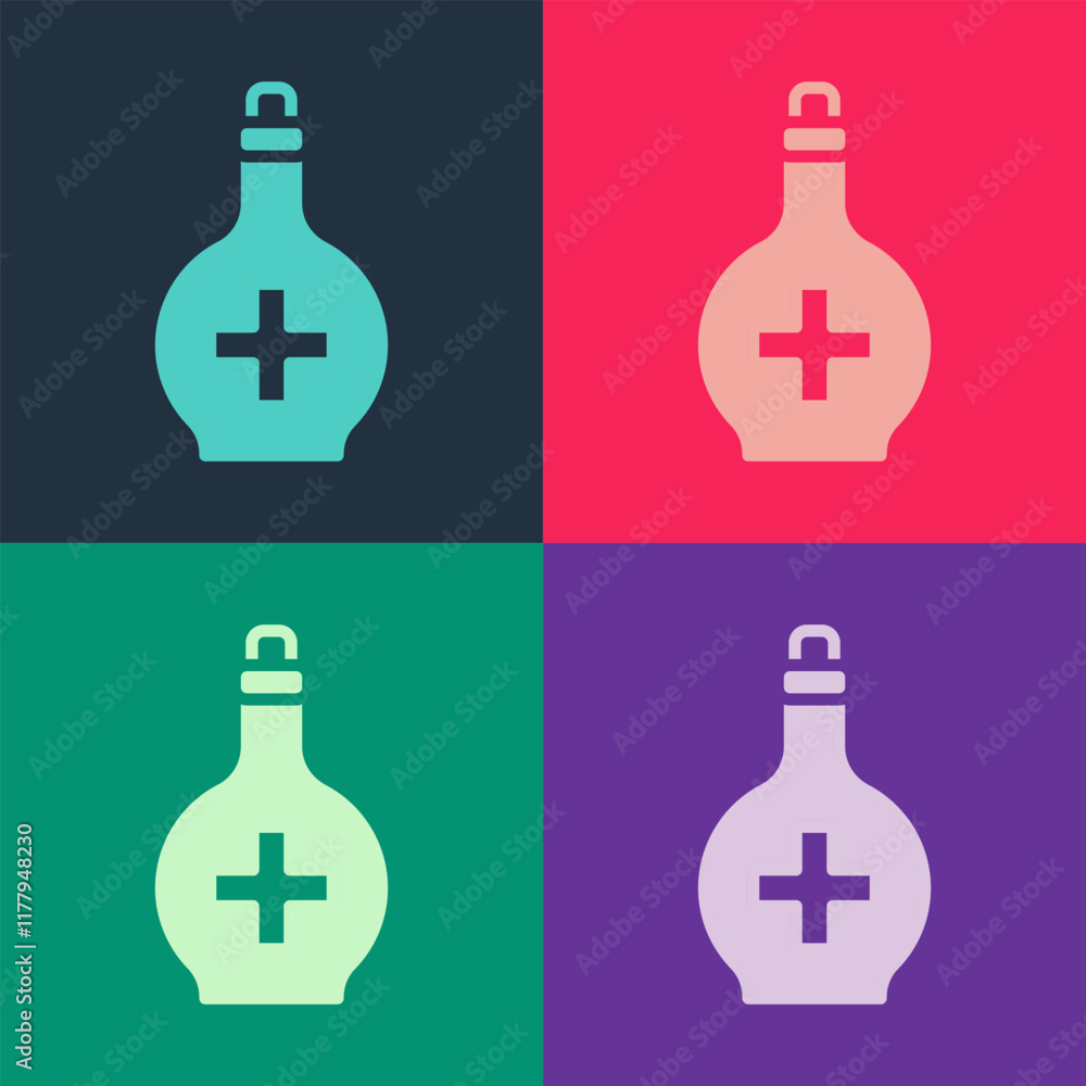 Poster pop art bottle with potion icon isolated on color background. flask with magic potion. happy hallowe