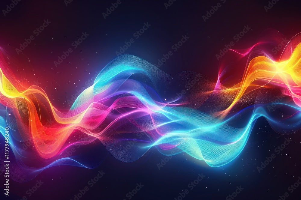 Poster abstract wave of sound is illustrated through vibrant, pulsating ribbons of light creating a hypnoti