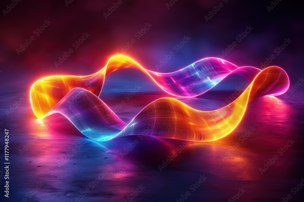 Poster vibrant hues shift and pulsate, creating a kinetic atmosphere with glowing neon light in a dark spac