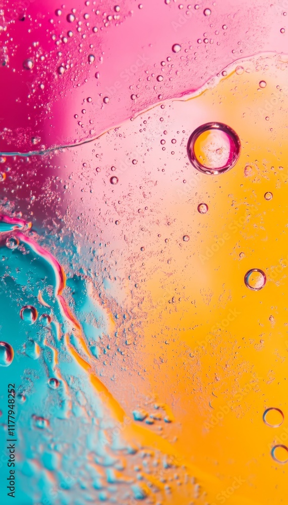 Poster vibrant abstract background featuring liquid swirls and bubbles in a colorful display