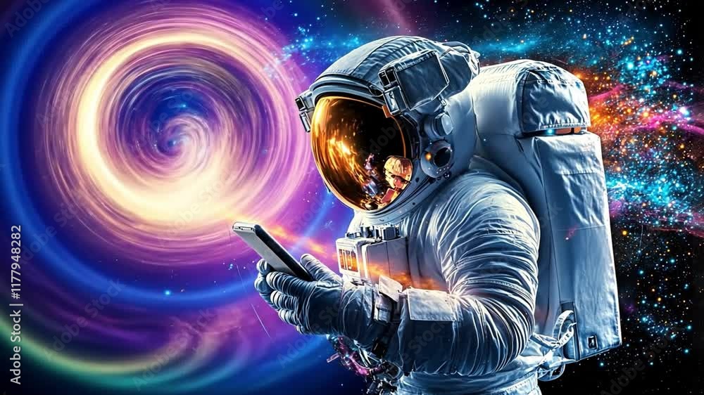 Poster astronaut exploring space while using a smartphone in vibrant cosmic background