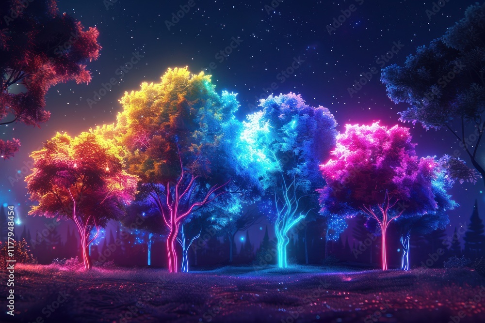 Poster bright neon trees with shimmering leaves create a magical atmosphere in a dark forest illuminated by