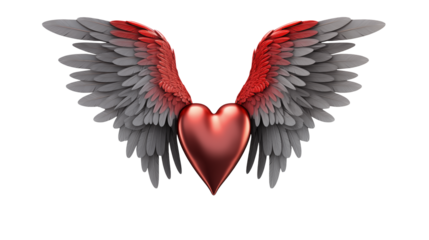 Red Heart with Grey and Red Wings Valentine's Day Concept isolated on transparent background