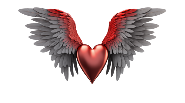 Red Heart with Grey and Red Wings Valentine's Day Concept isolated on transparent background