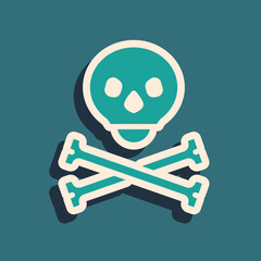 Green Skull on crossbones icon isolated on green background. Happy Halloween party. Long shadow style. Vector