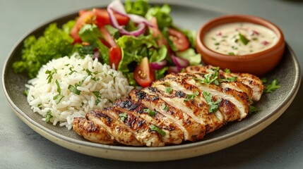 A shawarma platter with grilled chicken, rice, and a side of fresh salad and garlic sauce.