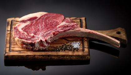 fresh tomahawk steak on rustic board