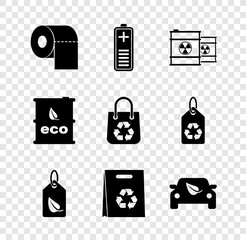 Set Toilet paper roll, Battery charge level indicator, Radioactive waste barrel, Tag with leaf, Shopping bag recycle, Eco car drive, Bio fuel and icon. Vector