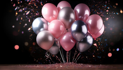 vibrant birthday balloons glitter and confetti in silver and pink a wide shot captures the festive balloon bunch in style black heritage