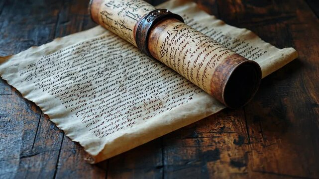 Ancient scroll rests on a wooden table showcasing intricate handwriting and historical significance