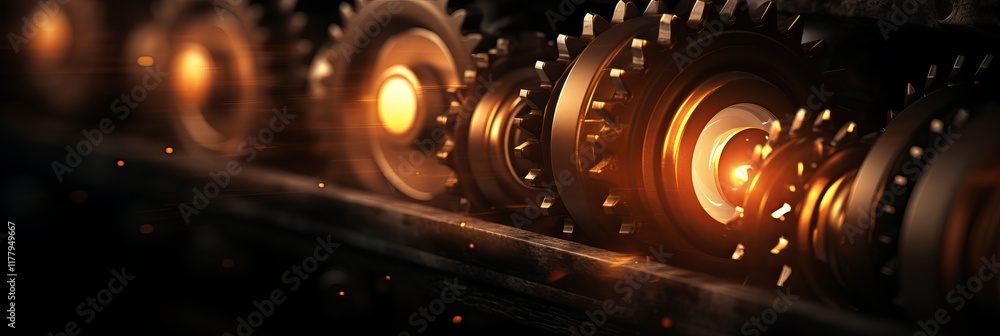 Poster gears in motion glowing brightly within an industrial setting at dusk. generative ai