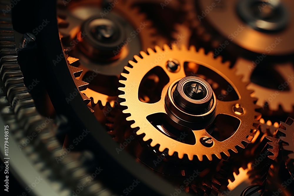 Poster intricate golden gears interlocking in a clockwork mechanism during a close-up view. generative ai