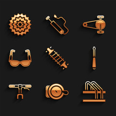 Set Bicycle suspension, bell, parking, Screwdriver, handlebar, Sport cycling sunglasses, chain with gear and cassette icon. Vector