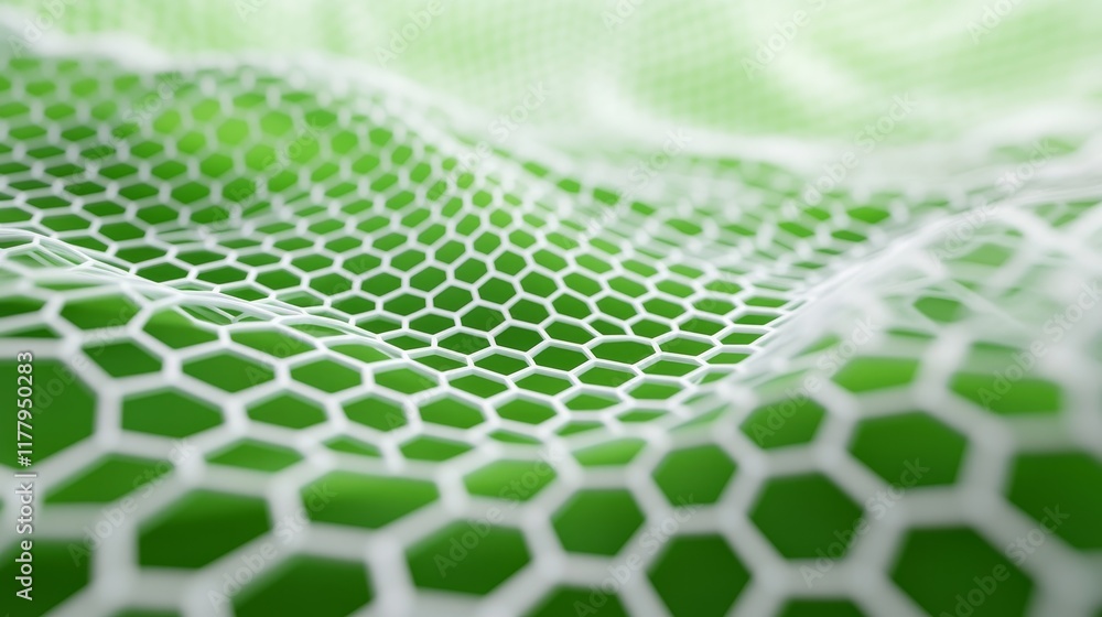 Poster a close-up view of a hexagonal mesh pattern on a green surface, emphasizing texture and design.