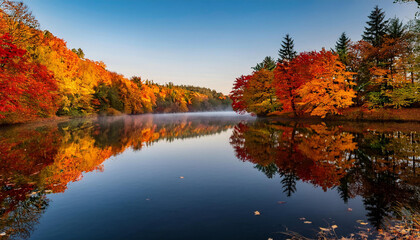 Fototapeta premium autumn surroundings with colourful maple leaves reflecting in calm lake water at dawn