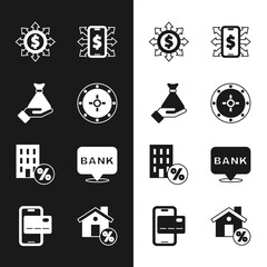 Set Safe, Money in hand, Dollar, share, network, Smartphone with dollar, House percant discount, Bank building, and Mobile banking icon. Vector