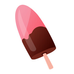 Vector illustration drawn entirely by hand. Image of berry ice cream in chocolate glaze on a stick. Isolated on white background clip art. Concept of summer dessert, guilty pleasure, refreshing frozen
