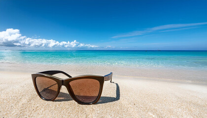 Obraz premium sun shades resting on heat sandy seaside with crystal clean ocean and blue sky in the heritage on a sunny day