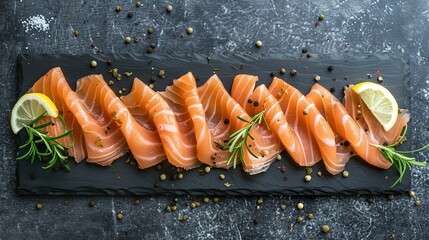 Fresh smoked salmon slices with lemon and rosemary, gourmet seafood on black slate, healthy luxury appetizer, elegant food arrangement with copy space


