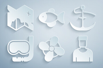 Obraz premium Set Boat propeller, Anchor, Diving mask and snorkel, Sailor captain, Fish and Pirate treasure map icon. Vector