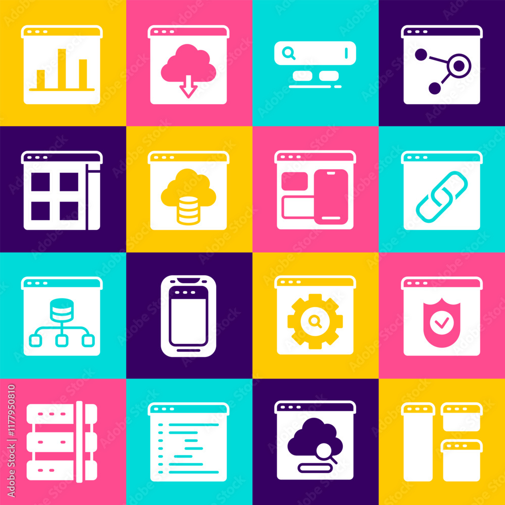 Poster set browser window, with shield, search engine, cloud technology data transfer, files, graph chart i