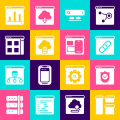 Set Browser window, with shield, Search engine, Cloud technology data transfer, files, Graph chart infographic and Web developer programming code icon. Vector